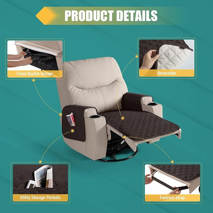 Ruaozz Waterproof Recliner Chair Covers Non Slip Chair Covers Washable Recliner Covers for Reclining Chair with Pockets Covers for Recliner Chair for Pets, Kids (Chocolate, Medium-25'')