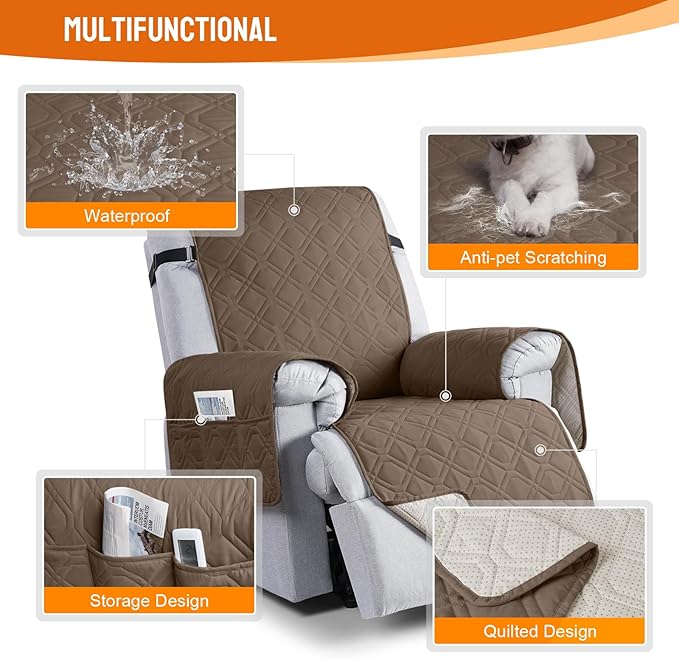 VANSOFY 100% Waterproof Recliner Chair Covers, Recliner Cover Non-Slip Dog Chair Cover Furniture Protector Washable Slipcover with Pocket, Elastic Straps for Pets, Dogs(Brown, 30")