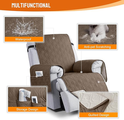 VANSOFY 100% Waterproof Recliner Chair Covers, Recliner Cover Non-Slip Dog Chair Cover Furniture Protector Washable Slipcover with Pocket, Elastic Straps for Pets, Dogs(Brown, 30")