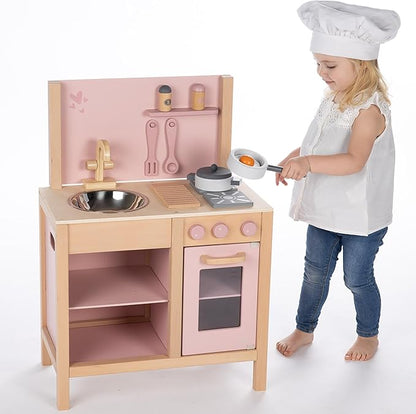 Wooden Kitchen Play Set - Pink - Standing Appliance Toy, Cooking & Food Accessories, Storage-Oven-Sink, Pretend Play Station, Kids Age 3+