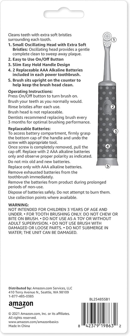 Amazon Basics Kids Battery Powered Toothbrush, 2 Count, 2 Pack (Previously Solimo)