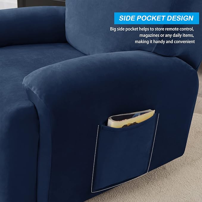 OBCREAT High Stretch Recliner Chair Cover Soft Velvet Recliner Slipcovers 4 Pieces Lazy Boy Recliner Couch Covers Plush Furniture Protector for Kids Pets (Navy)