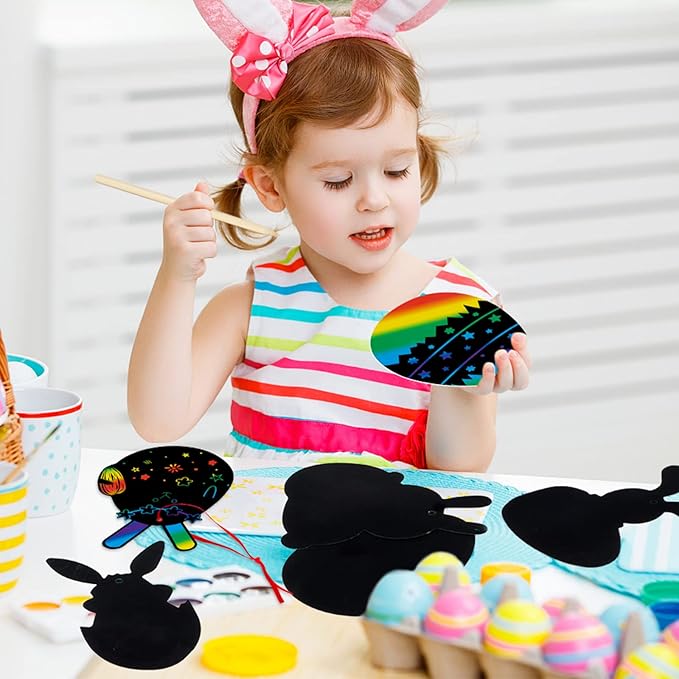 48 Pcs Easter Scratch Crafts for Kids, Rabbit Bunny Carrot Easter Egg Rainbow Scratch Paper Ornaments with Wooden Stick and Ribbon for Easter Party Favors