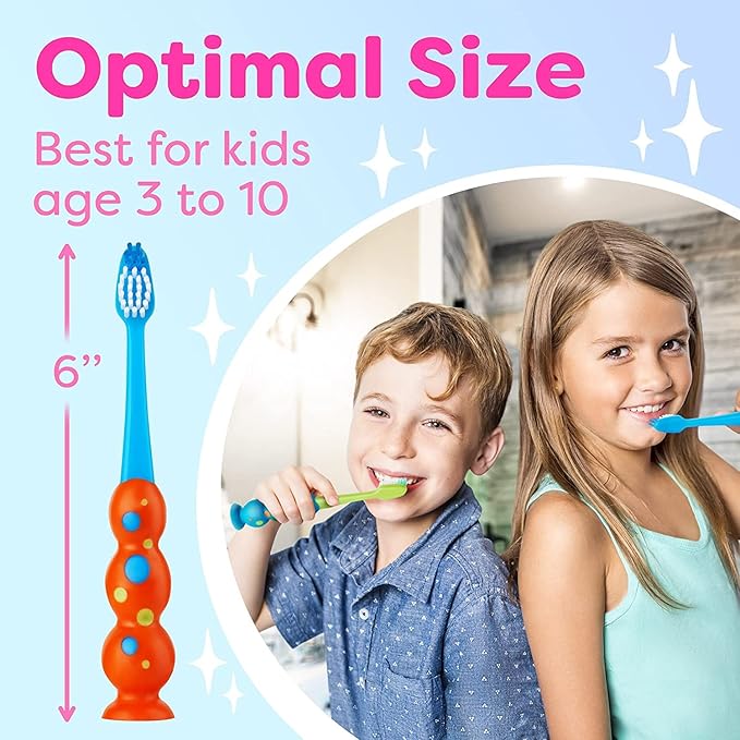 Trueocity Kids Toothbrush 6 Pack - Soft Contoured Bristles - Child Sized Brush Heads (3-10 Year Old) - Suction Cup for Fun & Easy Storage - Girl & Boy Set (6-Pack, Blue & Orange)