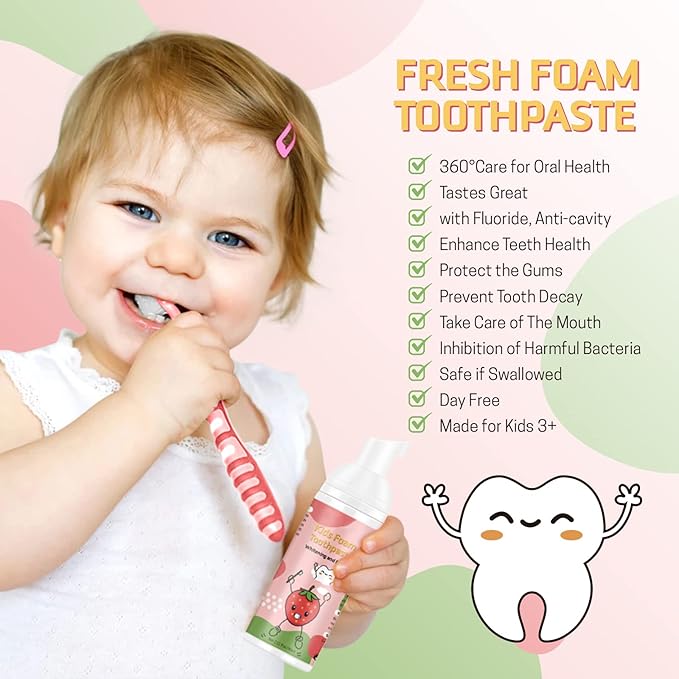 Kids Foam Toothpaste with Low Fluoride, Orange and Strawberry Flavor, Safe Natural Formul, Perfect for U-Shape Electric Toothbrush