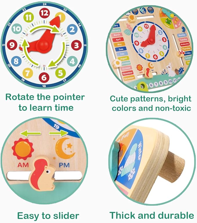 TOOKYLAND Montessori Educational Wooden Learning Toys Kids Daily Calendar My Calendar Clock Wooden Toys Gifts for Toddler Kids Age 3+