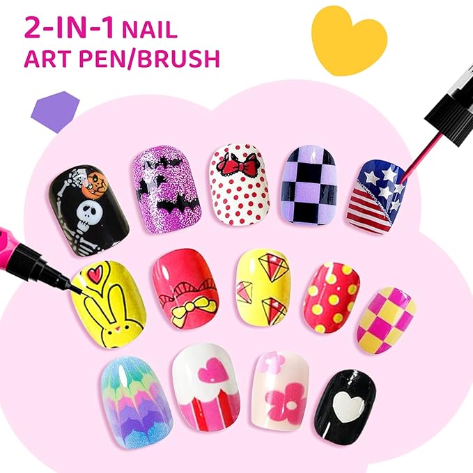 Tomons Kids Nail Polish Set for Girls, Nail Art Kit with Pens,Glitter,Stickers-Quick Dry& Non-Toxic Nail Polish, Ideal Birthday Christmas Gifts for 6-12 Years Old Kids