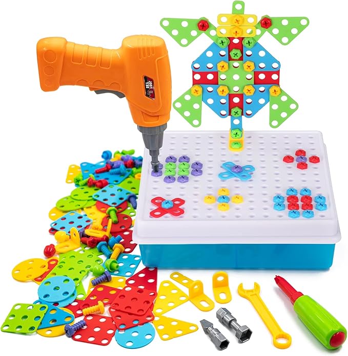 SUPSTEM Creative Toys for Kids 4-8, Mosaic Drill Set with Screwdriver Tool Playset, Electric Drill Toy with Rainbow Fasteners, Premium STEM Building Set for Ages 3+