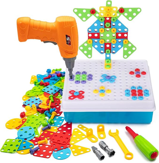 SUPSTEM Creative Toys for Kids 4-8, Mosaic Drill Set with Screwdriver Tool Playset, Electric Drill Toy with Rainbow Fasteners, Premium STEM Building Set for Ages 3+