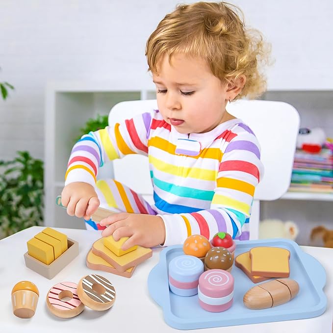 Wooden Toy Food Set, Kids Kitchen, Toy Food Set - Pretend Food Wooden Toys, Velcro Food Cuts, Toys for Kids Ages 3 and Up.