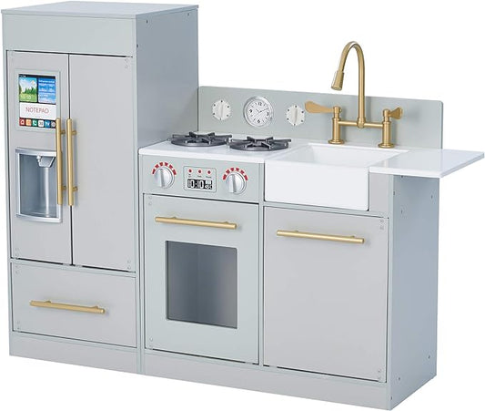 Teamson Kids Little Chef Charlotte Modern Modular Interactive Wooden Play Kitchen with Refrigerator, Stove and Sink in Gray with Gold Accents