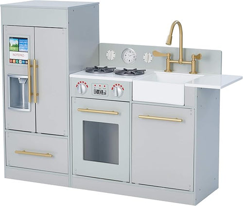Teamson Kids Little Chef Charlotte Modern Modular Interactive Wooden Play Kitchen with Refrigerator, Stove and Sink in Gray with Gold Accents