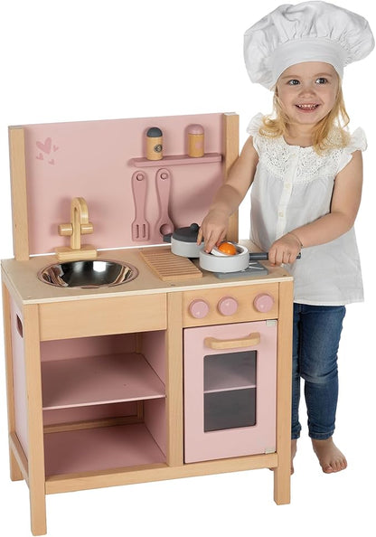 Wooden Kitchen Play Set - Pink - Standing Appliance Toy, Cooking & Food Accessories, Storage-Oven-Sink, Pretend Play Station, Kids Age 3+