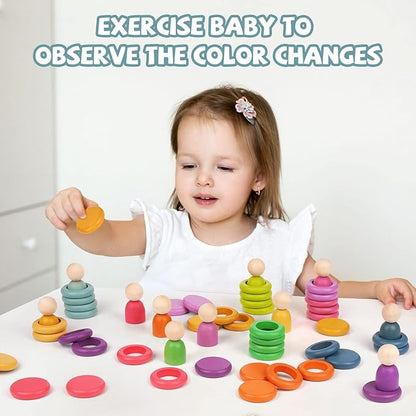 Montessori Toys Wooden Color Sorting Stacking Rings Toy Rainbow Wooden Peg Dolls Counting Toys Circular Building Blocks Stacking Game Preschool Learning Education Fine Motor Skill Toys for Toddlers