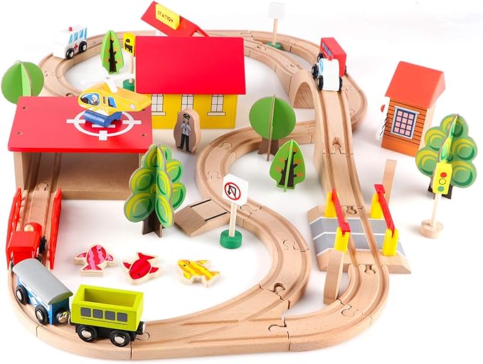 Qilay 69 PCS Wooden Train Set -Premium Wood Train Tracks & Trains Toys for Toddlers 3,4 5 Years