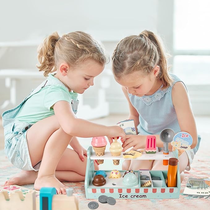 Wooden Ice Cream Toys for Kids, Commodum 43pcs Ice Cream Shop Counter Playset, Kids Pretend Kitchen Play Food Toys with Scoop & Fake Money, Wooden Toys for Toddlers Ages 3+, Christmas Birthday Gifts
