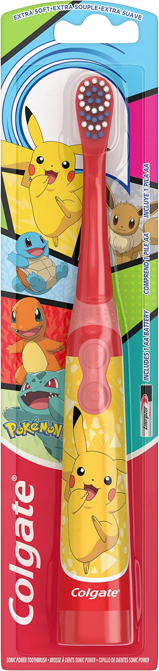 Colgate Kids Battery Powered Toothbrush, Kids Battery Toothbrush with Included AA Battery, Extra Soft Bristles, Flat-Laying Handle to Prevent Rolling, Pokemon Toothbrush, 1 Pack (Style May Vary)