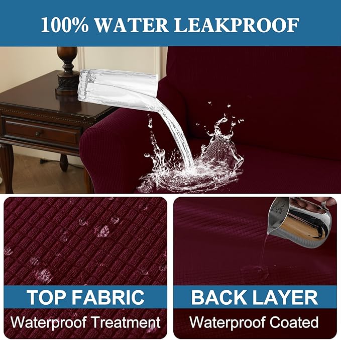 100% Waterproof Jacquard Fabric Couch Cover, Dual Layer with TPU Film, Leakproof High Elasticity Non-Slip Washable Furniture Protector for Pets, Dogs, Cats and Kids (Chair,Wine)
