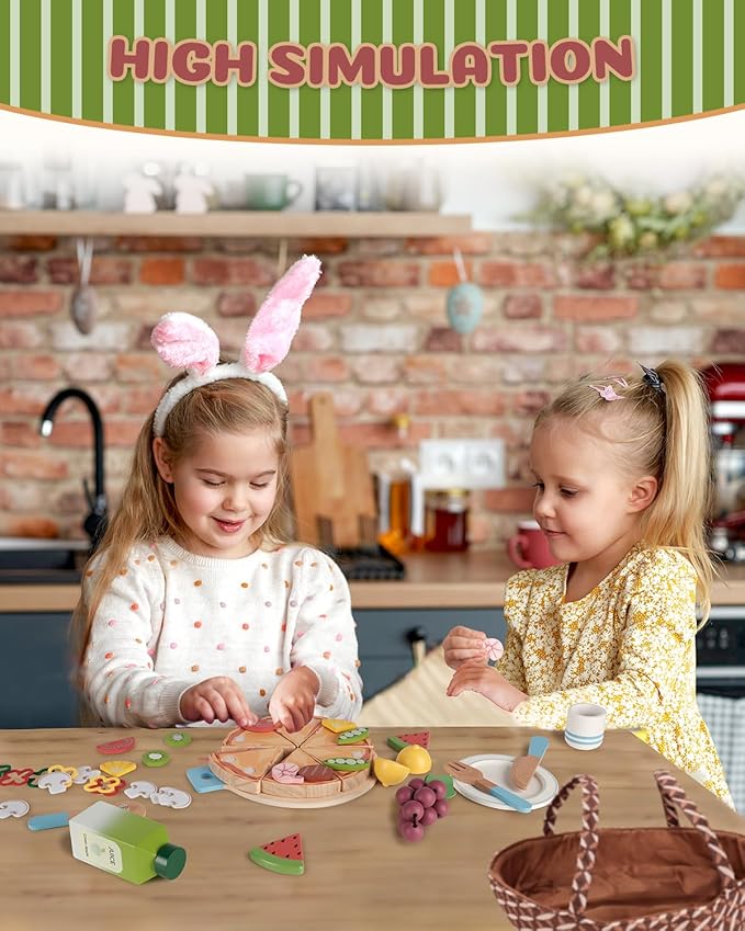 Wooden Pizza Toy, Wooden Food Toys for Toddlers 1-3, Wooden Play Food with Basket, Pretend Play Toys for Kids, Kitchen Playset for Toddlers 3-5, Cutting Food Toys, Gift for Girls Boys 3 4 5 6