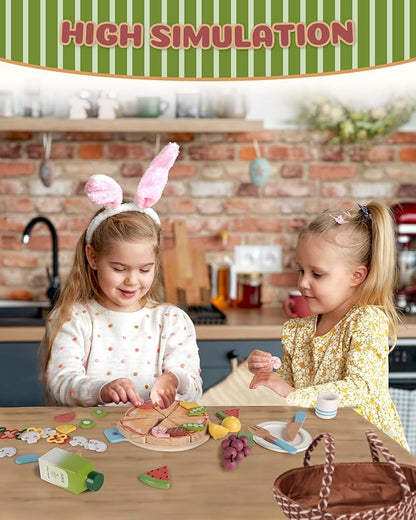 Wooden Pizza Toy, Wooden Food Toys for Toddlers 1-3, Wooden Play Food with Basket, Pretend Play Toys for Kids, Kitchen Playset for Toddlers 3-5, Cutting Food Toys, Gift for Girls Boys 3 4 5 6