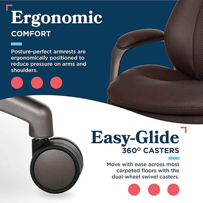 La-Z-Boy Nova Vegan Leather Modern Executive Ergonomic Design Office Chair, Memory Foam Thick Contoured Seat Back with Patented Lumbar Support Technology, Soft to Medium Sit Comfort, Brown