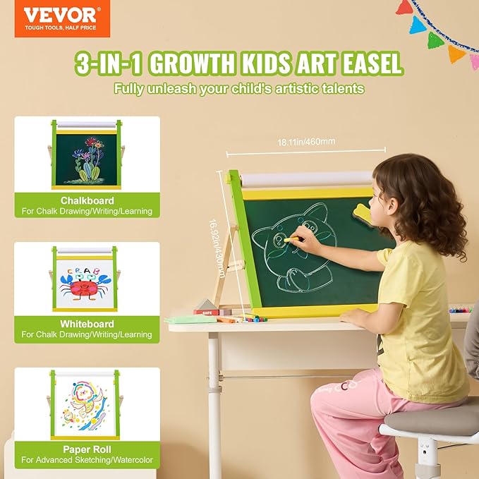 VEVOR Tabletop Art Easel for Kids, 3-in-1 Wooden Double-Sided Kid's Art Easel with Magnetic Whiteboard, Chalkboard, Paper Roll, Foldable Portable Drawing Board with Painting Accessories for Boys Girls