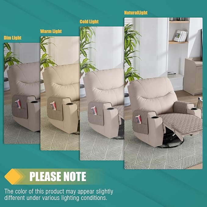Ruaozz Waterproof Recliner Chair Covers Non Slip Chair Covers Washable Recliner Covers for Reclining Chair with Pockets Covers for Recliner Chair for Pets, Kids (Khaki, Medium-25'')