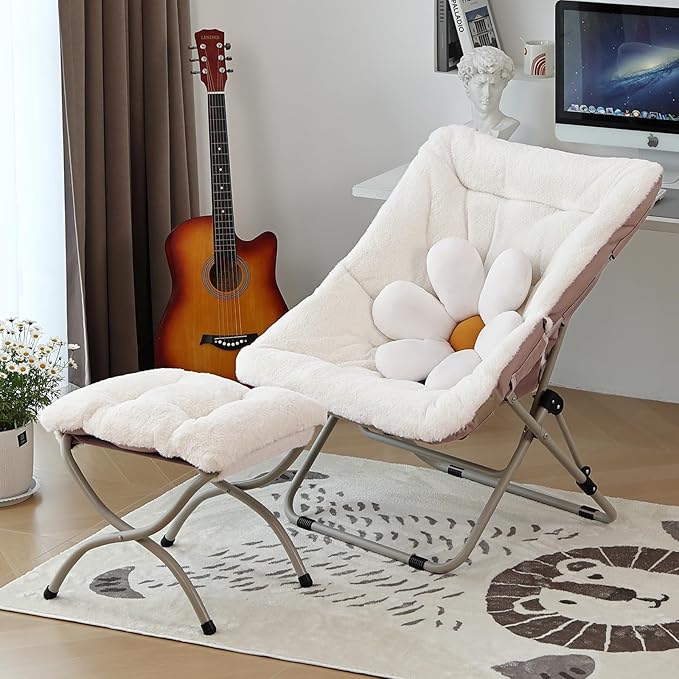 Comfy Saucer Chair with Ottoman, Oversized Folding Faux Fur Chair Soft Furry Lounge Lazy Chair with Metal Frame Moon Chair Accent Chair for Bedroom, Living Room, Dorm Rooms
