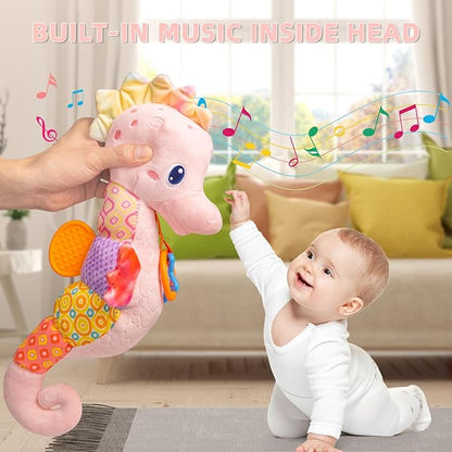 Baby Toys 0-6 Months,Infant Musical Seahorse Stuffed Animals Sensory Toys with Bright Colors 0-12 Months-Pink