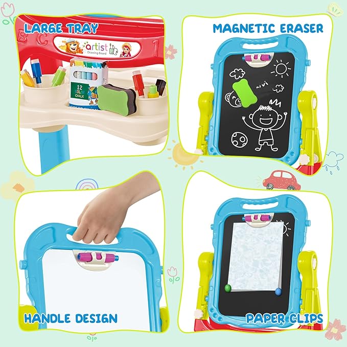 Toddler Art Easel Toys, Magnetic Chalk Board and White Board Easel for Kids with Painting Accessories, Rotatable Double Sided Easel, Birthday Gift for Boys and Girls
