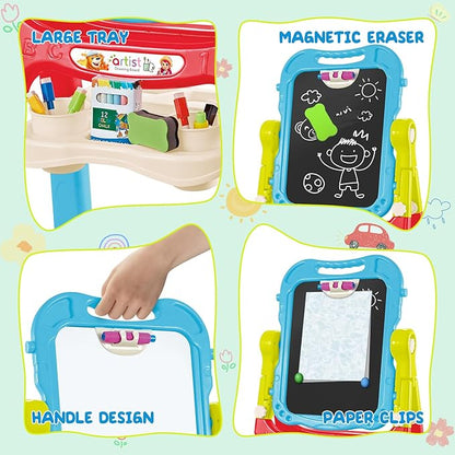 Toddler Art Easel Toys, Magnetic Chalk Board and White Board Easel for Kids with Painting Accessories, Rotatable Double Sided Easel, Birthday Gift for Boys and Girls