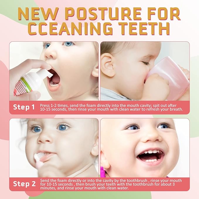 Foam Toothpaste Kids, Toddler Toothpaste with Low Fluoride, Kids Foam Toothpaste for U Shaped Toothbrush Electric Toothbrush, Foam Toothpaste for Children Kids Ages 3 Plus (Watermelon+Strawberry)