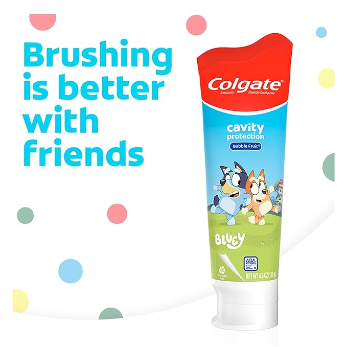 Colgate Kids Battery Powered Toothbrush, Batman, Extra Soft Toothbrush, Ages 3 and Up, 1 Pack, Colors May Vary & Kids Bluey Toothpaste with Fluoride, Fights Cavities, Mild Fruit Flavor, Sugar Free