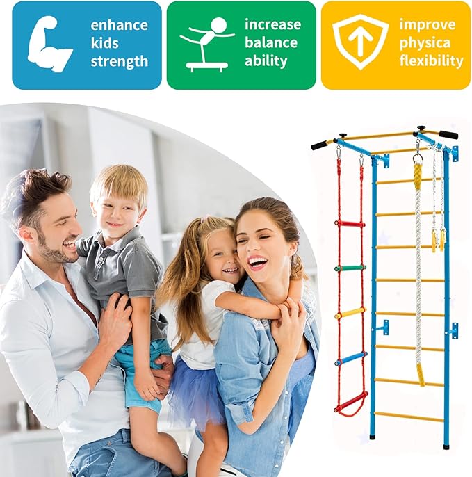 tongmo Climbing Toys for Kids, Metal Indoor Kids Gym for Exercise, Multiple Modes Play Climbing Set, Sturdy Playground with Rope Ladder, Pull-up Bar, Wall Ladder, Rope and Gymnastic Rings
