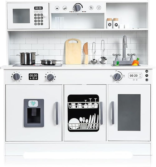 Wooden Play Kitchen - Kids Kitchen Playset with Cookware Accessories, Microwave, Oven, Sink, Real Lights & Sounds - Perfect for Chef Pretend Play, White