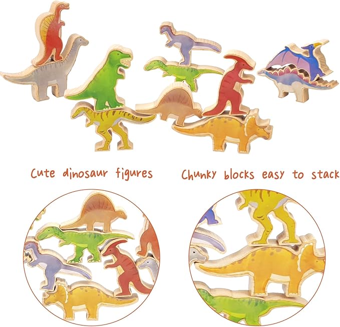 Xylolin Wooden Dinosaur Blocks Stacking and Balancing Toys, Toddler Wood Dinosaur Figures Blocks Imaginative Play, Preschool Educational Toys Gifts and Stack Balance Games for Kids