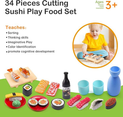 Sushi Slicing Play Food Set, 34Pcs, 3+ Ages LED Light with Color Changing Pretend Food Toys Accessories with Velcro for Kids, Play Kitchen for Toddlers, Learning Gift for Girls Boys