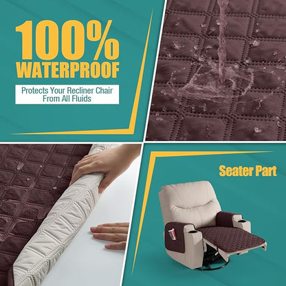 Ruaozz 100% Waterproof Recliner Chair Covers Non Slip Chair Covers Washable Recliner Covers for Reclining Chair with Pockets Covers for Recliner Chair for Pets, Kids (Coffee, Medium-25'')
