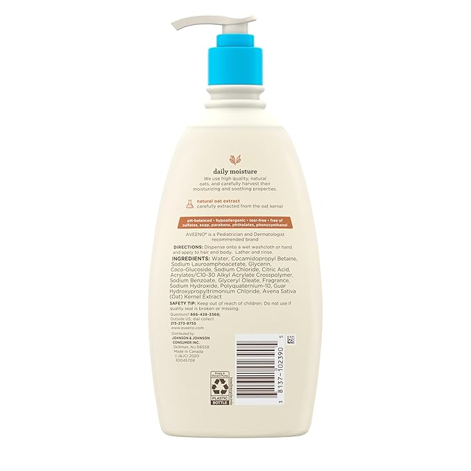 Aveeno Baby Daily Moisture Gentle Body Wash & Shampoo with Oat Extract, 2-in-1 Baby Bath Wash & Hair Shampoo 18 fl.