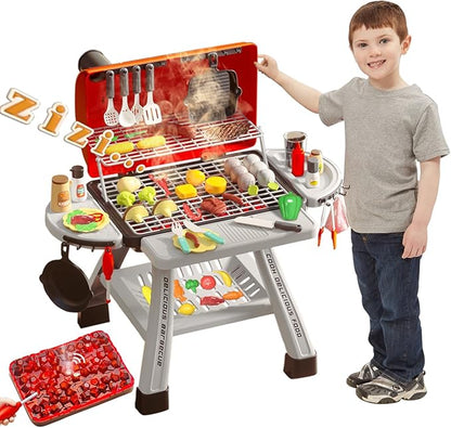 Barbecue Grill Toy Set, Kids BBQ Grill Playset with Smoke Sound Light Simulation Camping Cooking Interactive Toys Christmas Birthday Gift for Toddlers Girls Boys 2-6