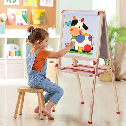 Wooden Adjustable Easel for Kids,Quick-Fold Kids Easel with Paper Roll&Accessories, Double Sided Painting Easel for Toddlers 3,4,5,6,7,8,9,10 Years,Perfect Painting Gifts&Supplies for Boys&Girls