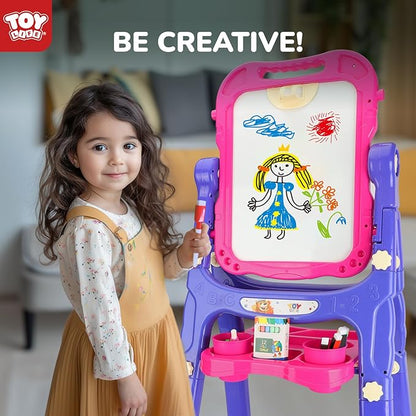 STEAM Life Art Easel for Kids, Double-Sided 4In1 Toddler Easel with Rotable Magnetic Chalkboard & White Drawing Board, Height Adjustable with Magnetic Letters & Numbers Gifts for Boys and Girls