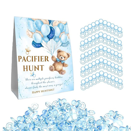 Winnie Pacifier Hunt Sign, Mini Pacifiers Baby Shower Game Set 50Pcs Blue