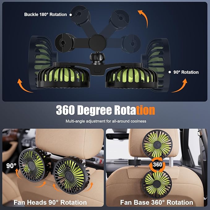 USB Car Cooling Fans for Backseat: Dual Head Car Fan for Kids 3 Speeds 360° Rotatable Vehicle Rear Headrest Fans 5V Powerful Electric Air Circulation Fan for Sedan SUV RV Truck (Black+Green)