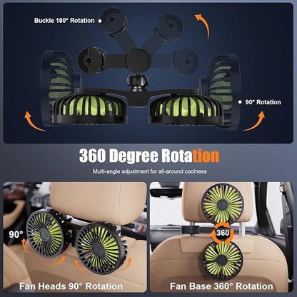 USB Car Cooling Fans for Backseat: Dual Head Car Fan for Kids 3 Speeds 360° Rotatable Vehicle Rear Headrest Fans 5V Powerful Electric Air Circulation Fan for Sedan SUV RV Truck (Black+Green)