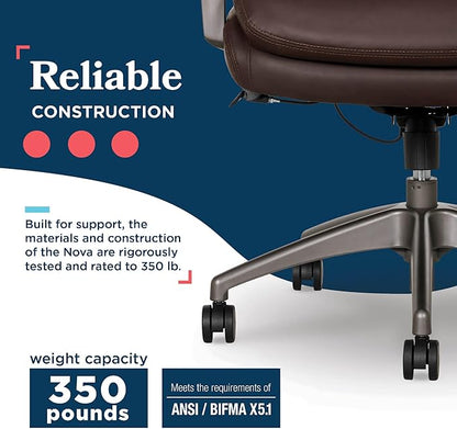 La-Z-Boy Nova Vegan Leather Modern Executive Ergonomic Design Office Chair, Memory Foam Thick Contoured Seat Back with Patented Lumbar Support Technology, Soft to Medium Sit Comfort, Brown
