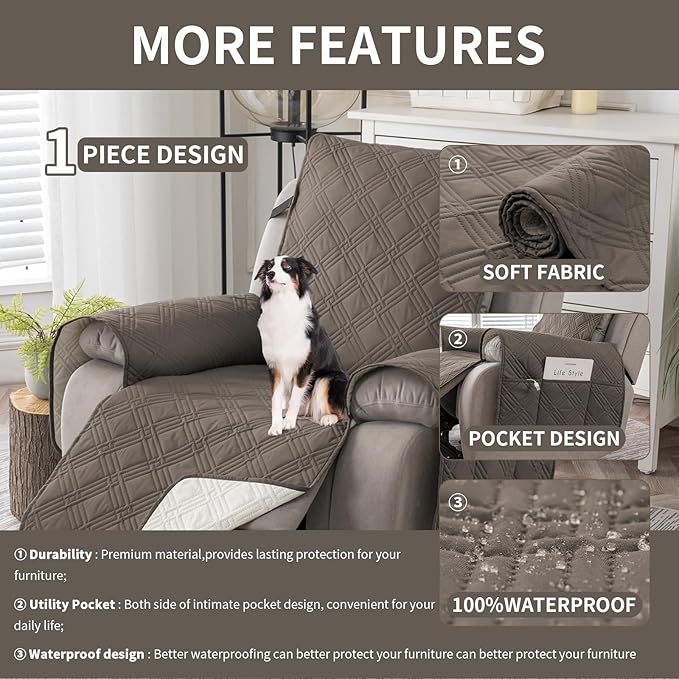Easehomey 100% Waterproof Recliner Chair Covers, Non Slip Oversized Reclining Cover, Cover Furniture Protector Washable Chair Cover with Pocket,Elastic Straps for Kids,Pets,Dogs(Taupe,28")