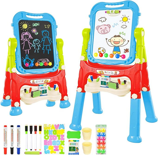 Amagoing Easel for Kids, Adjustable Standing Art Easel for Toddler, Double Magnetic Drawing Board with Painting Accessories, Gift for Little Boys and Girls Age 3 4 5, Blue