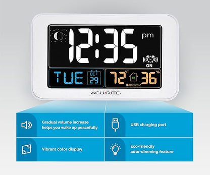 AcuRite Intelli-Time Digital Alarm Clock for Bedroom with USB Charger, Indoor Temperature and Humidity for Heavy Sleepers (13040CA)