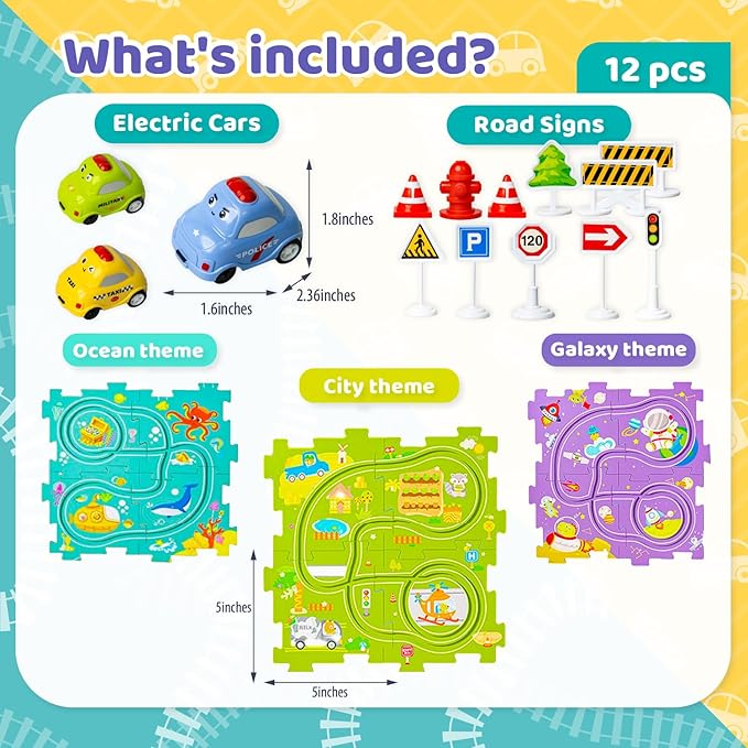 Marlo & Buzz Puzzle Racer Kids Car Track Play Set, Themed Educational Puzzles Racers Tracks with Electric Vehicles for 3+ Childrens (3 Theme (Ocean 12, pcs)